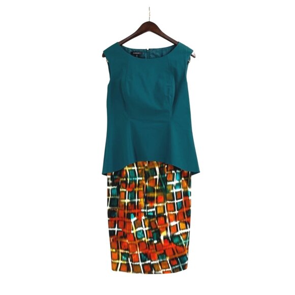 Lafayette 148 Teal Peplum Bodice Abstract Geometric Dress Size 6 Sleeveless - Picture 1 of 8
